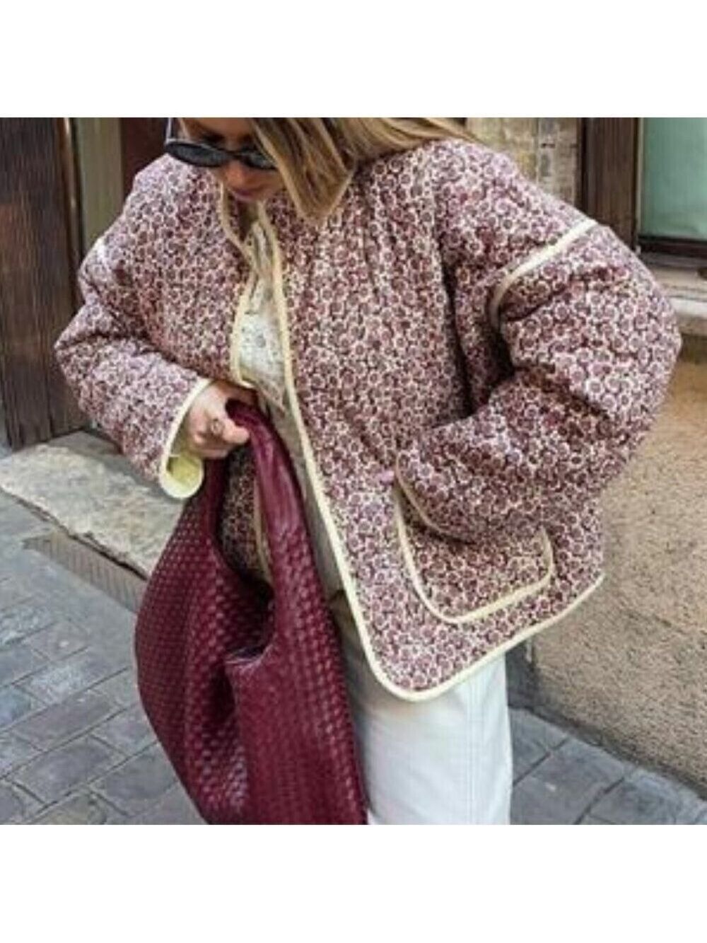 Women's Floral Quilted Puffer Jacket Stand Collar Cropped - Picture 5 of 6